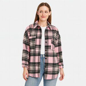 Davi & Dani Pink Grey Flannel Plaid Sweater Blanket Jacket Size Small